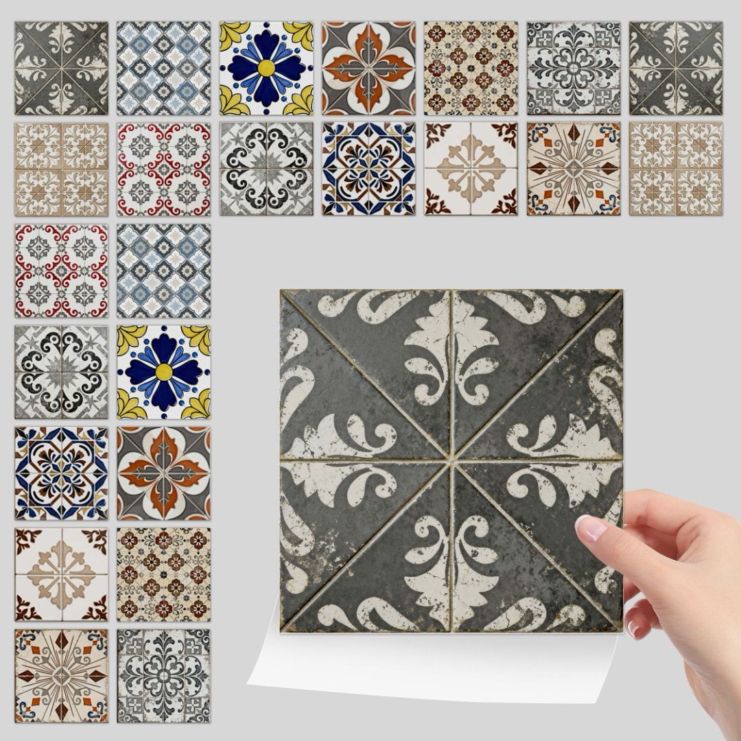 24Pcs Self Adhesive Tile Sticker Peel and Stick Backsplash 7.87" x 7.87" DIY Decor Multicolor Flowers Wall Stickers Waterproof Vinyl Decals