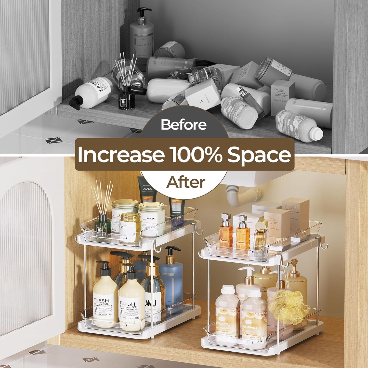 2 Tier Bathroom Under Sink Organizers and Storage with Hook, Multi-Purpose Cabinet Drawers with Movable Dividers, Pull Out Organization for Countertop, Kitchen and Pantry(White, 4 Pack)