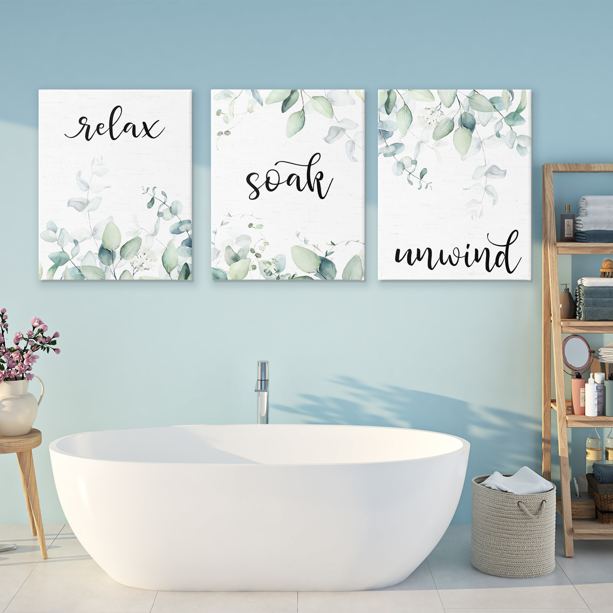 Leafy Bathroom Herbs 3 Piece Canvas Wall Art Set, design by Lettered and Lined