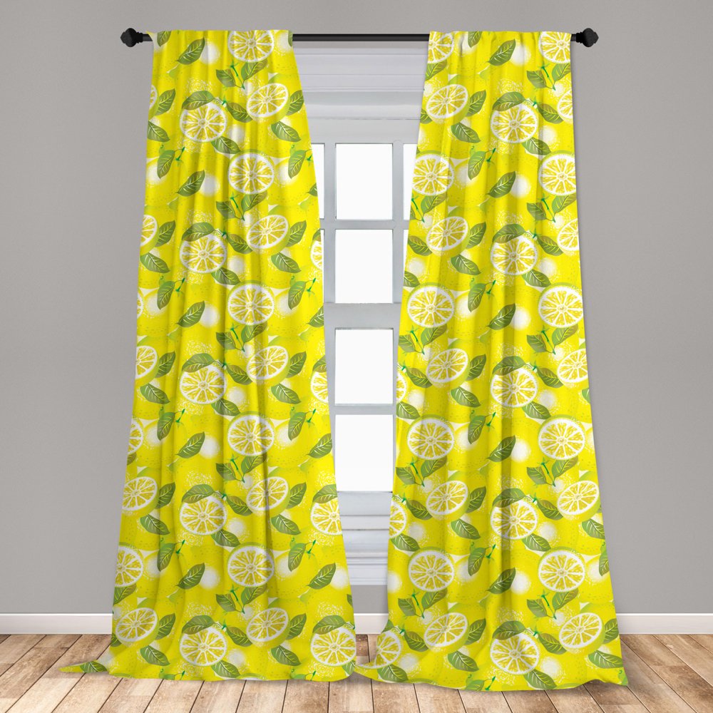Spring Curtains 2 Panels Set, Fresh Lemon Slices with Leaves Background