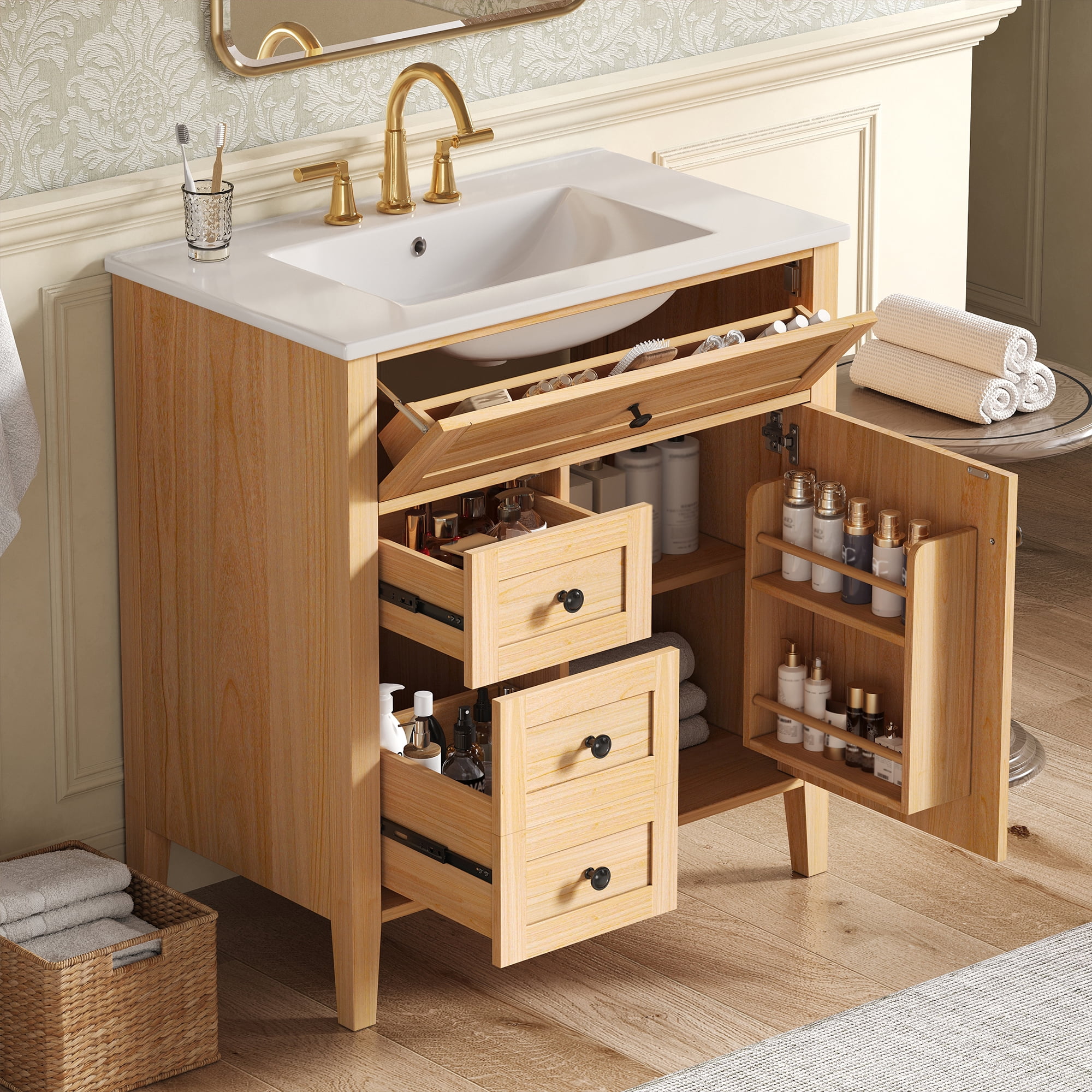 30" Natural Wood Grain Bathroom Vanity with Ceramic Sink, Solid Wood Legs, Soft-Close Mechanism, Tip-Out Drawer & Storage Shelf on Door, Adjustable Shelf