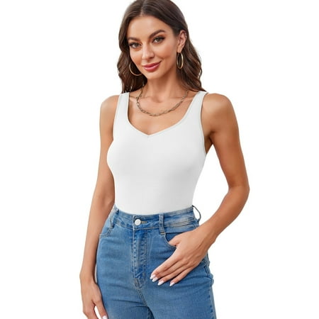 Attraco Sexy V Neck Tank Top for Women with Built-in Padded Bra Adjustable Wide Strap Camisole Cotton Cami Shirts