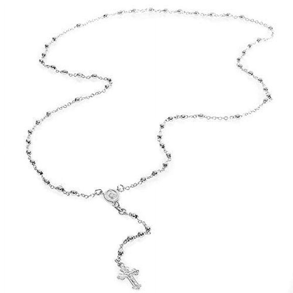 JewelStop .925 Sterling Silver 3mm Rosary Rosario Bead Mary Cross Religious Necklace - 26 inches, 8gr.