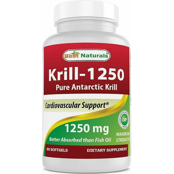 Best Naturals Pure Antarctic Krill Oil 1250 mg (Triple Strength) with Omega-3s EPA, DHA and Astaxanthin 60 Softgels