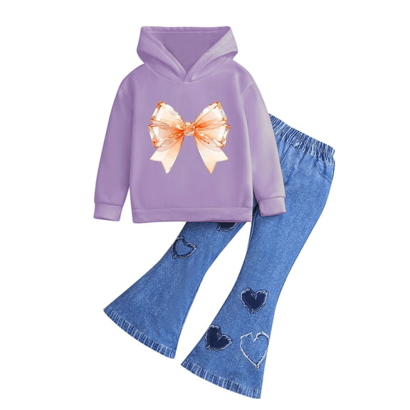 Cethrio Girls Outfit Sets, Long Sleeve Spring Two Piece Hoodies and Jeans Sets Purple Size 6-7 T