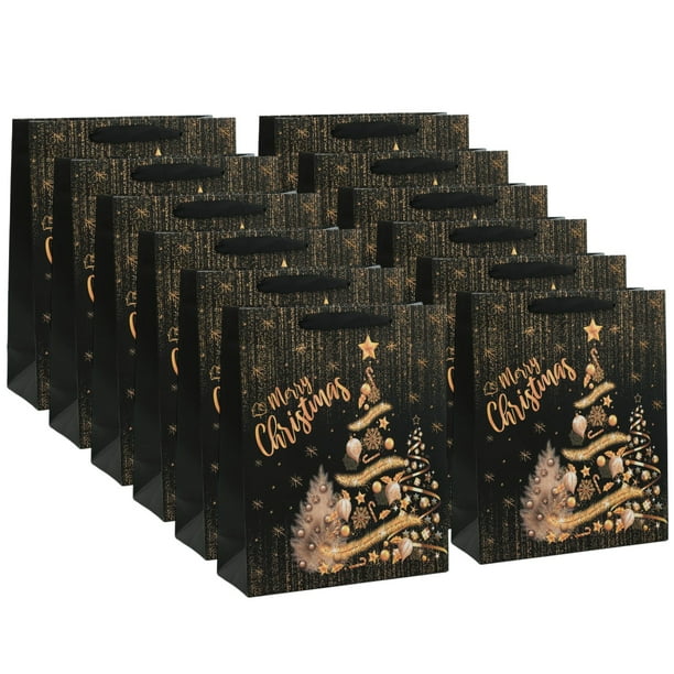 Laklulu 12 piezas Bolsas de regalo navideñas negras y doradas con golosinas Bolsas de papel de aluminio para dulces navideños Envoltura de bolsas de papel para fiestas navideñas Suministros de regalo