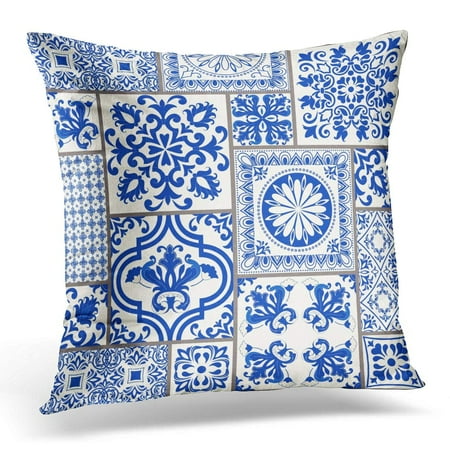 Majolica Pottery - ECCOT Patchwork with Victorian Motives Majolica Pottery Blue and White Azulejo Original Traditional Portuguese Pillowcase Pillow Cover Cushion Case 16x16 inch