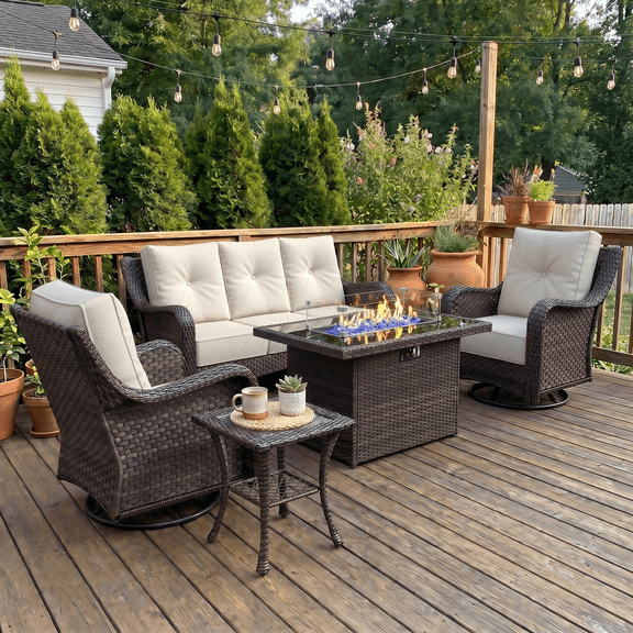 LayinSun 5 Pieces Patio Furniture Sets with Fire Pit Table, Outdoor Wicker Conversation Set with Swivel Chairs and 6" Thick Cushion for Deck Garden Backyar