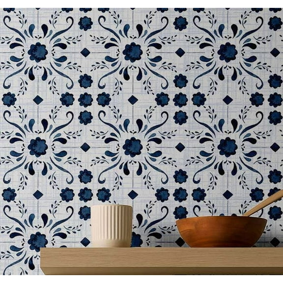 S4sassy Removable Vintage Style Waterproof Wall Wrap, Finish Mosaic Tile Wallcover, Floral Medallion Tile Contact Paper for Backsplash, Self Adhesive Vinyl Wallpaper Roll - Blue - 25"x120"