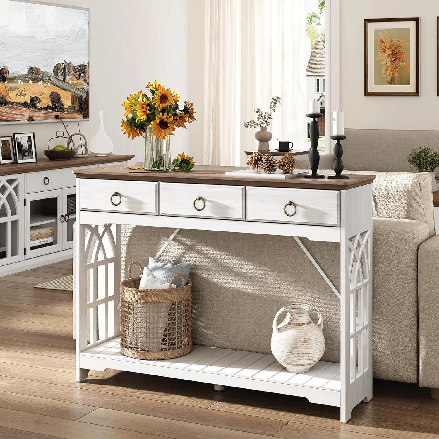 JOINICE Farmhouse Entryway Table with Drawers and Shelf,Long Console Table with Wood Leg,Sofa Table for Living Room,Hallway,White