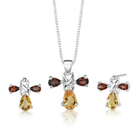 Oravo 4.00 cts Pear Shape Citrine Garnet Pendant Earrings in Sterling Silver Free 18 inch Necklace