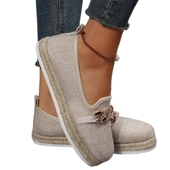 QWKLEAJ Women’s Slip On Casual Loafer Shoes, Metal Chain Linen Jute Platform Flats for Office Dressy Daily Walking Footwear Beige 8