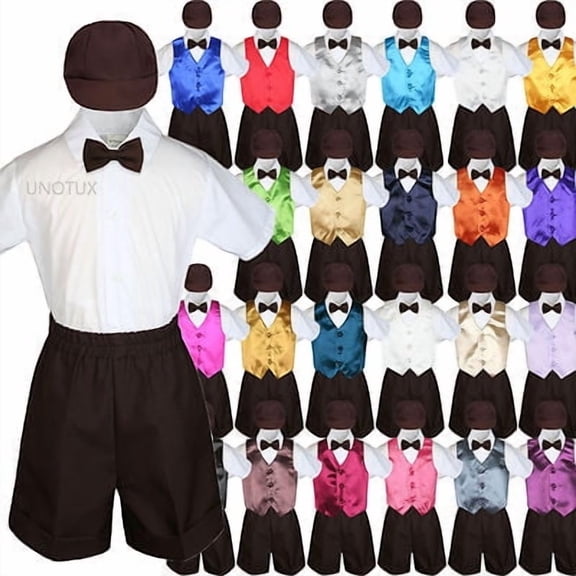 Baby Boys Toddler Formal Vest Shorts Suit Color Vest 5pc Brown Bow Tie Set S-4T