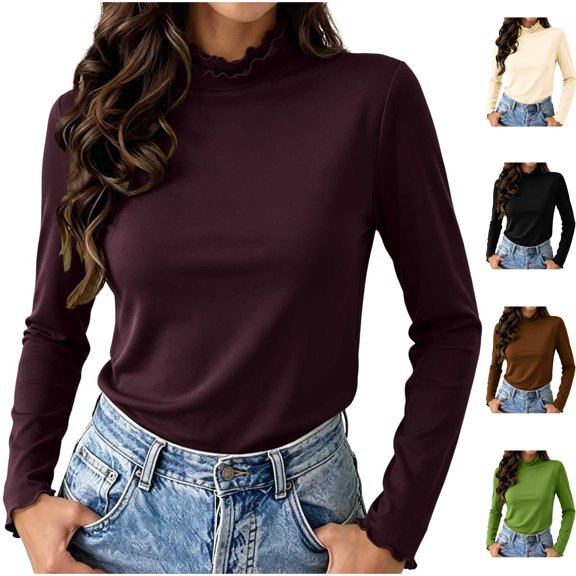 Womens Fleece Lined Underscrub Mock Neck Scrub Undershirt Slim Fit Scalloped Long Sleeve Thermal Tee Warm Base Layer Tops for Nurses Fall Winter, Purple, XL
