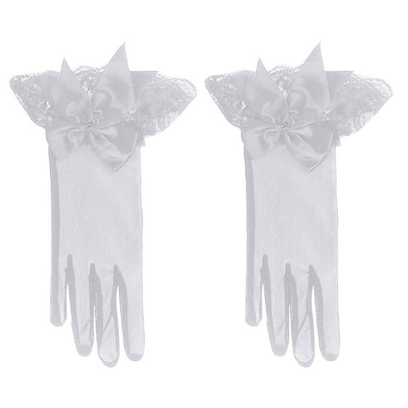 Grofry Women Bridal Gloves,Evening Party Bridal Wedding Prom Lace Trim Bowknot Finger Short Gloves White