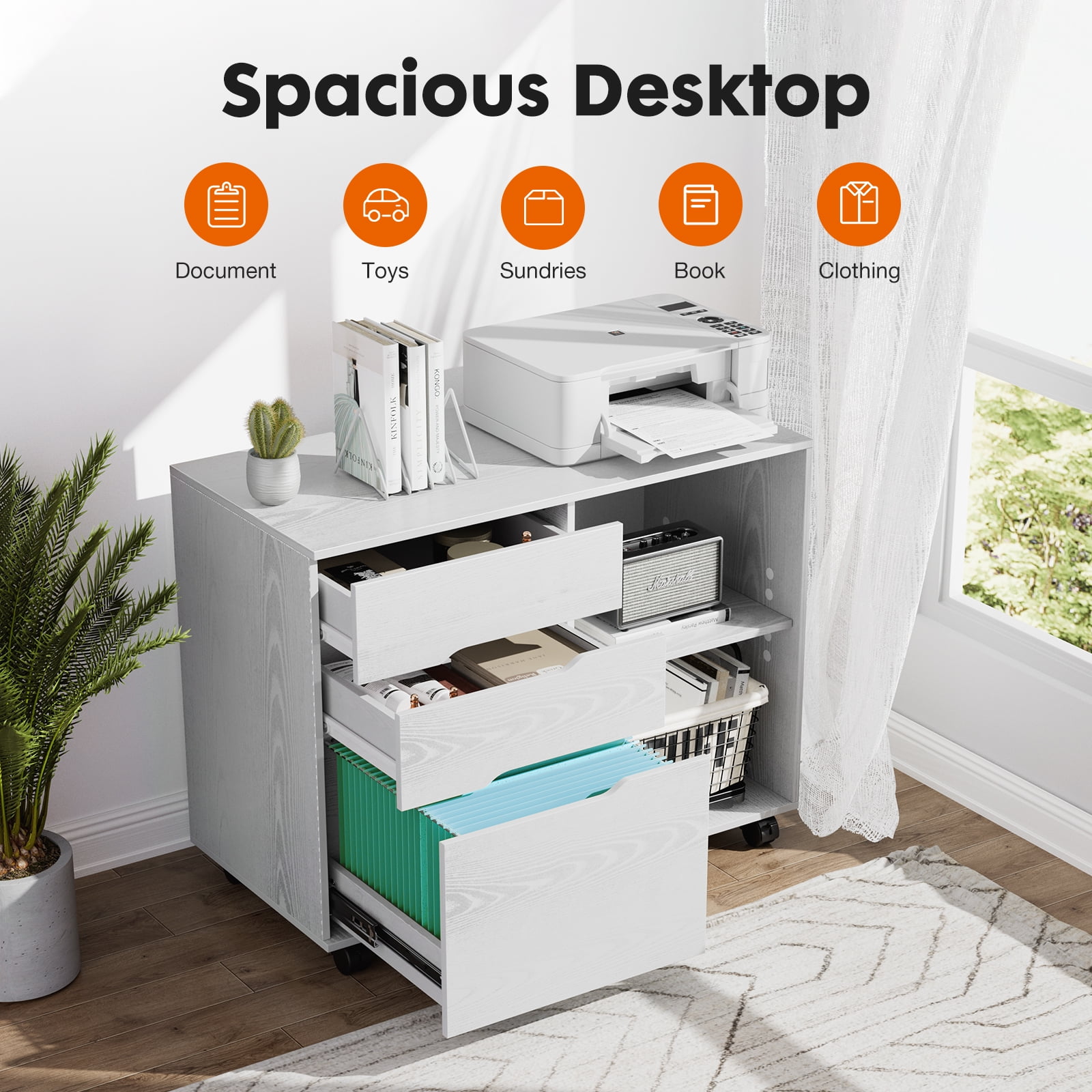 LIFERECORD 3-Drawer Rolling File Cabinet with Open Shelf, Fabric Filing Storage for Home Office,White