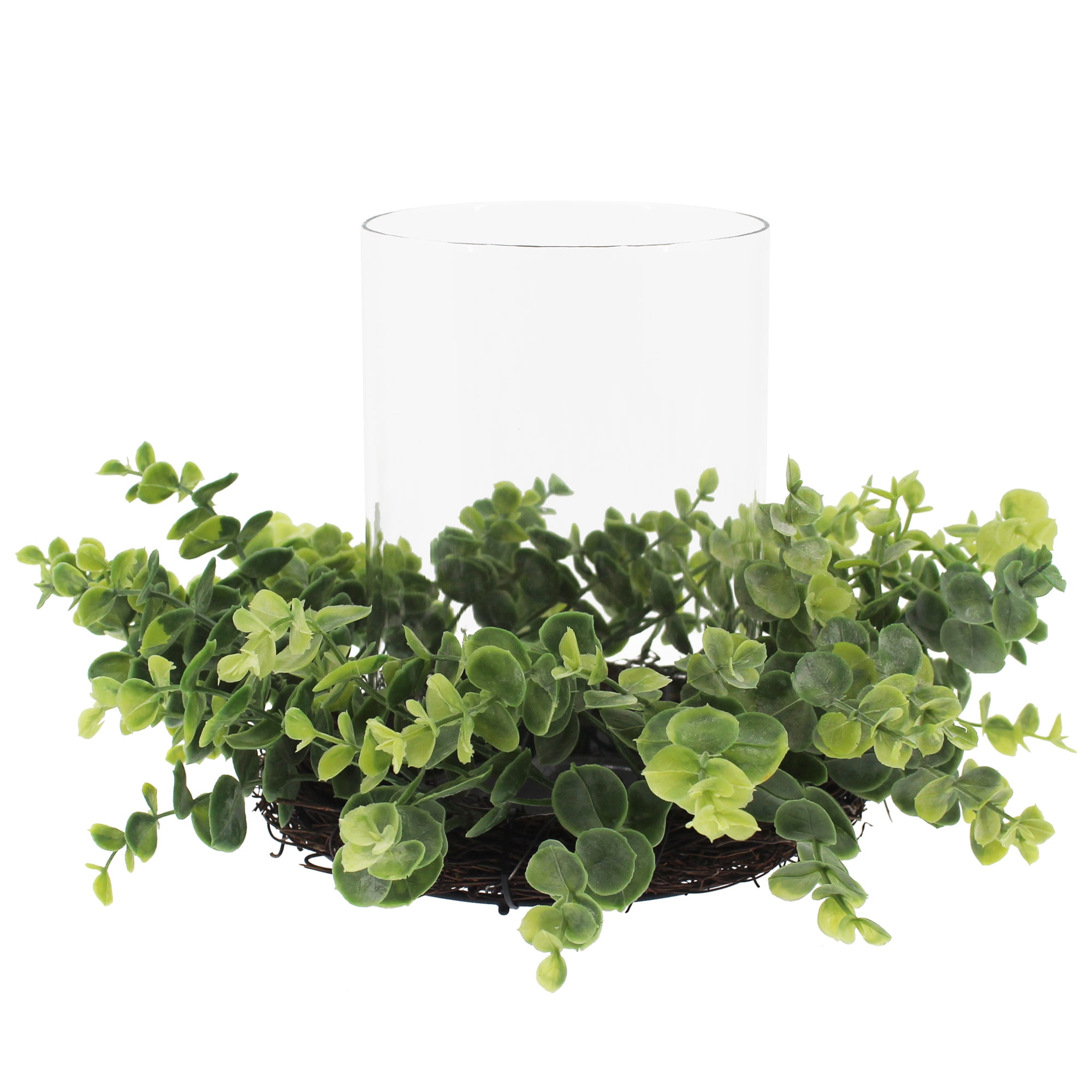 Mainstays Decorative Hurricane Pillar Candleholder with Faux Eucalyptus, 8 in H