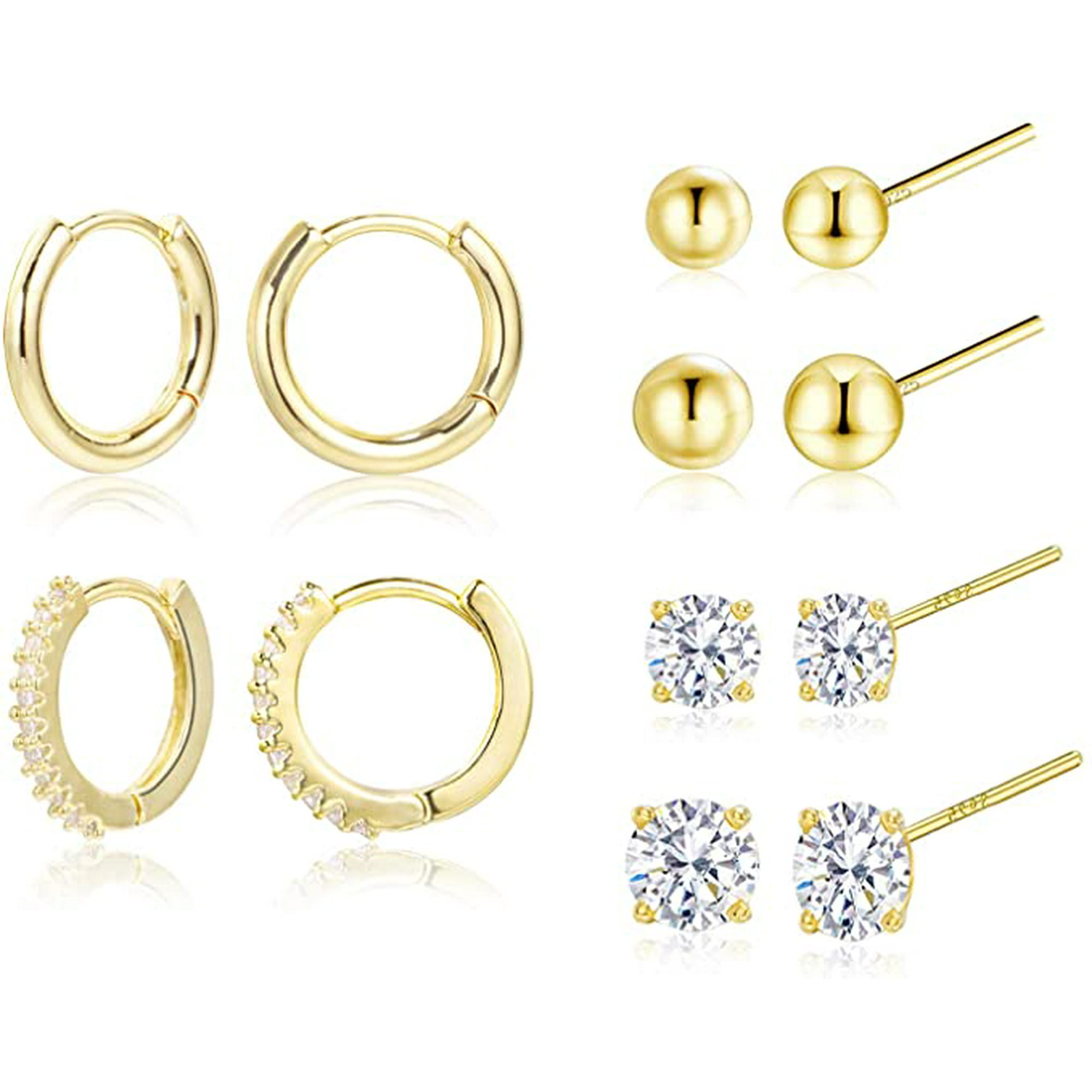 Earring Sets for Multiple Piercing 14K Gold Plated Studs Earrings and Hoops Set Hypoallergenic Small Hoop CZ Ball Studs Earrings for Women Girls 6
