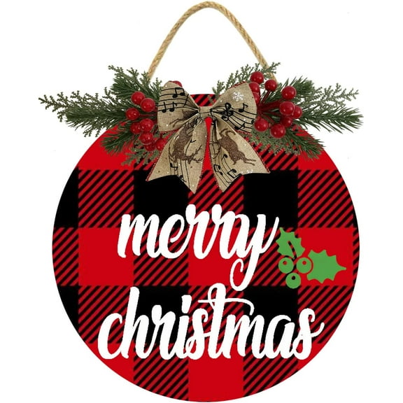 Eveokoki 12" Merry Xmas Sign Outdoor, Wreath For Door Front, Buffalo Plaid Christmas Sign For Front Door Porch Window Wall Farmhouse Indoor Out