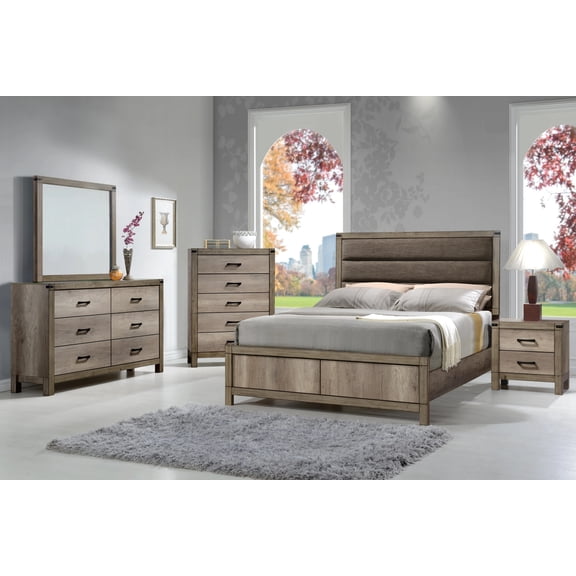 Contemporary Bedroom Set Upholstered Bed Dresser Mirror Nightstand Light Grey Wood Finish Queen Size 4pc Furniture