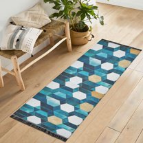 Yayeee Runner Rug for Bedroom 2'x6' Machine Washable Hallway Non Slip Mat, Blue White Geometric Patterns