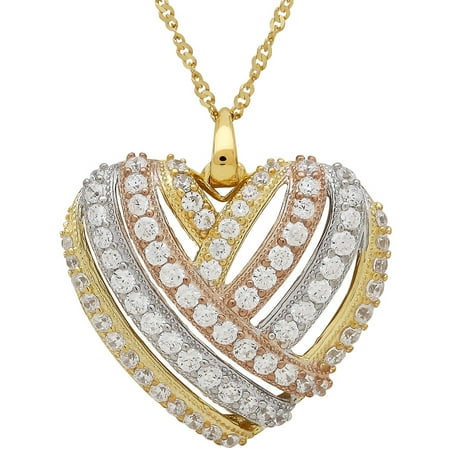 Cubic Zirconia Sterling Silver and 18kt Gold-Plate Heart Pendant, 18