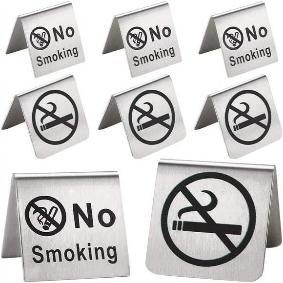 8Pcs 2 Styles No Smoking Table Sign Stainless Steel Metal Warning Non Smoking Desk Logo Display Signs for Hotel Hospitals Restaurant Office Clubs Room Business