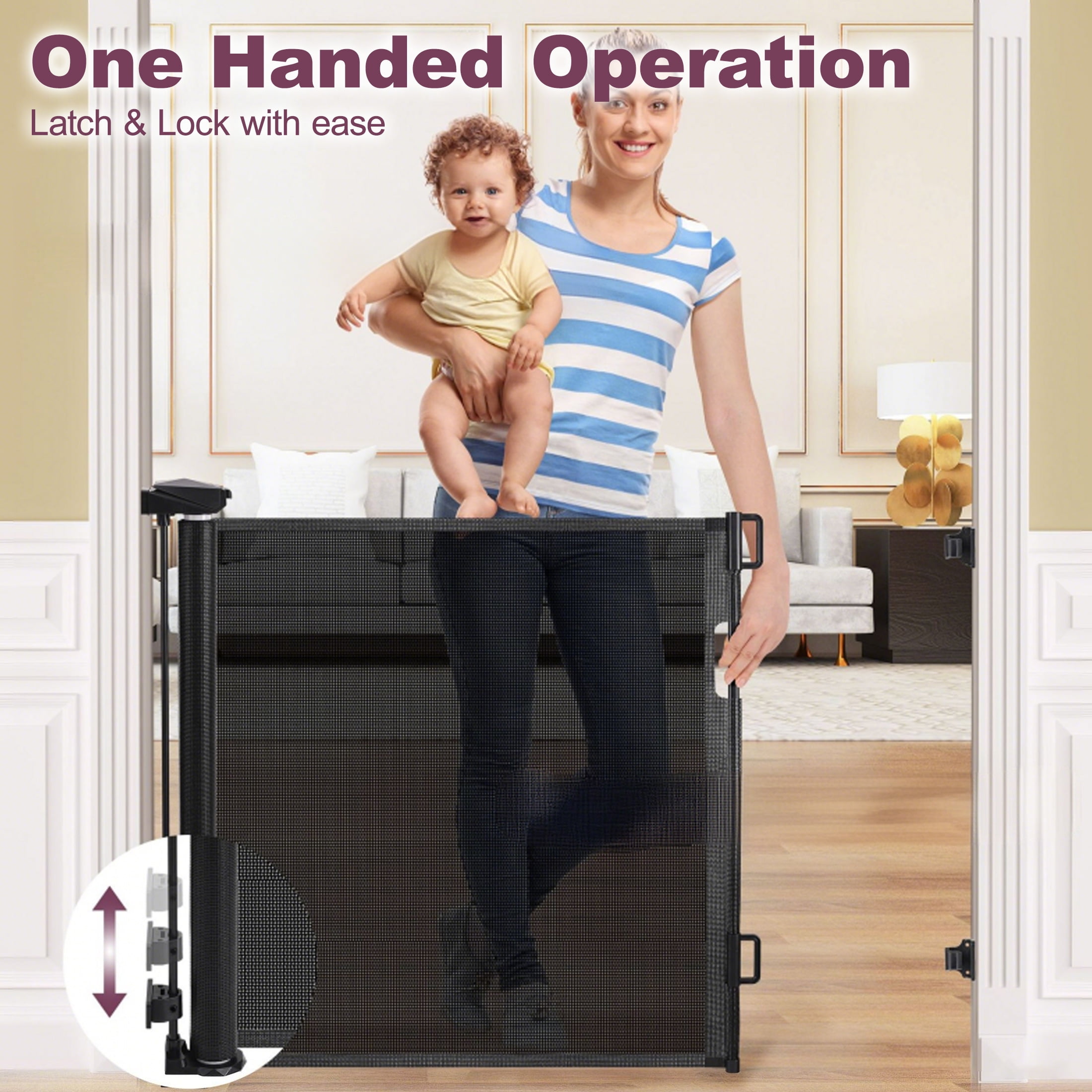 HioHa Hardware-Mounted Baby Gate, Retractable Safety Gate with Auto-Lock Mesh Barrier for Stairs & Doorways, Child Proof, Black