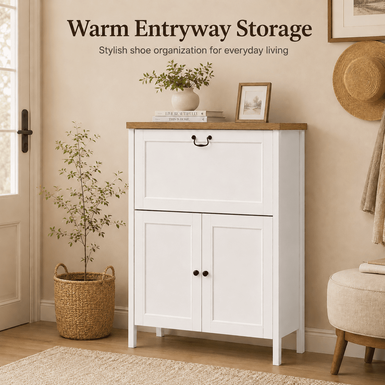 Shoe Cabinet with Flip Drawer, Boot Rack and 6 Boot Clips, Narrow Entryway Shoe Cabinet with Adjustable Shelf, Freestanding Shoe Organizer Cabinet for Entryway, Foyer, 31.5"W x 15.7"D x 45.3"H