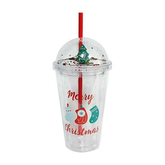 Acahhotxx Drinking Cups, Reusable Water Cup Straw Cups 450ml Drinking Cup with Lid Double Walled Cup Christmas - Christmas Tree B
