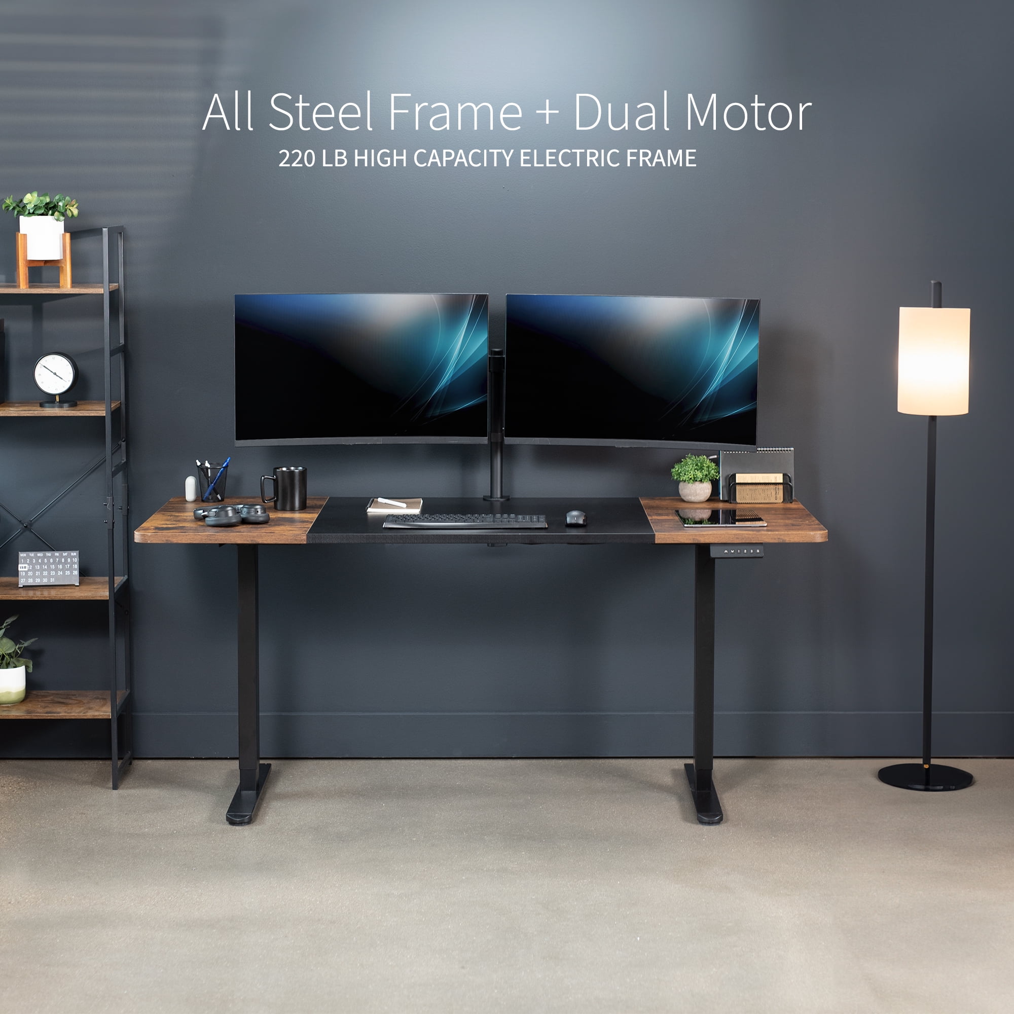 VIVO Electric Dual Motor 71” x 30” Desk, Black & Vintage Brown Top, Black Frame