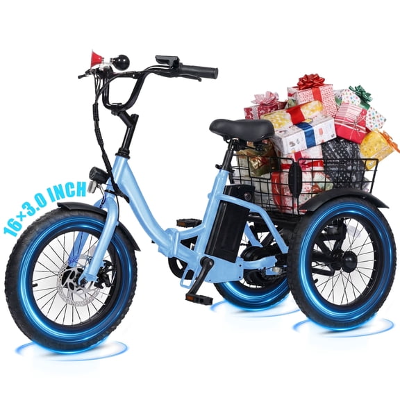 Electric Tricycle for Beginners – Folding 3-Wheel E-Bike with 16×3" Fat Tires, 500W Peak Motor, 302Wh Battery, Step-Through Frame, 12.5 MPH, Blue
