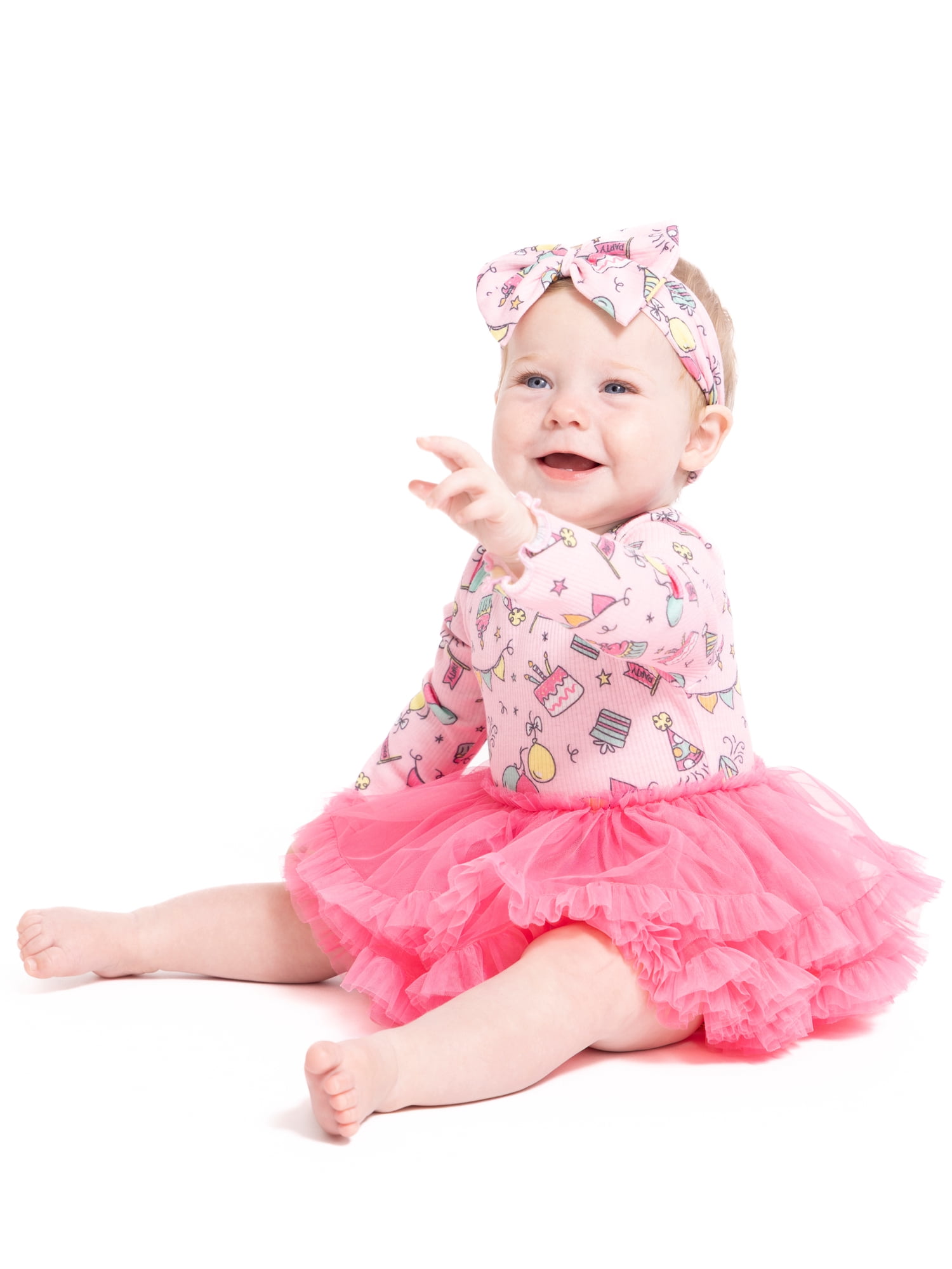 Forever Me Baby Girls' Birthday Print Dress Bodysuit with Tutu Skirt and Headband Set, 2-Piece, Sizes 6/9M-24M