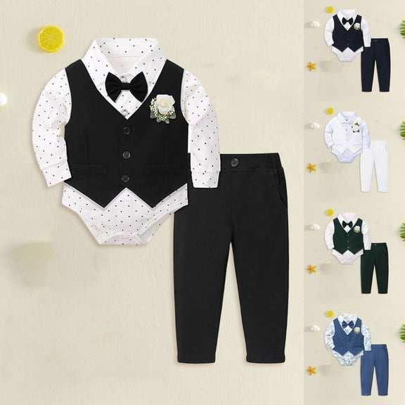 Pandaie Baby Boy Formal Vest Suit Long Sleeve Bodysuit Matching Button Solid Pants Sets Baptism Wedding Gentleman Outfit Black,0-3 Months