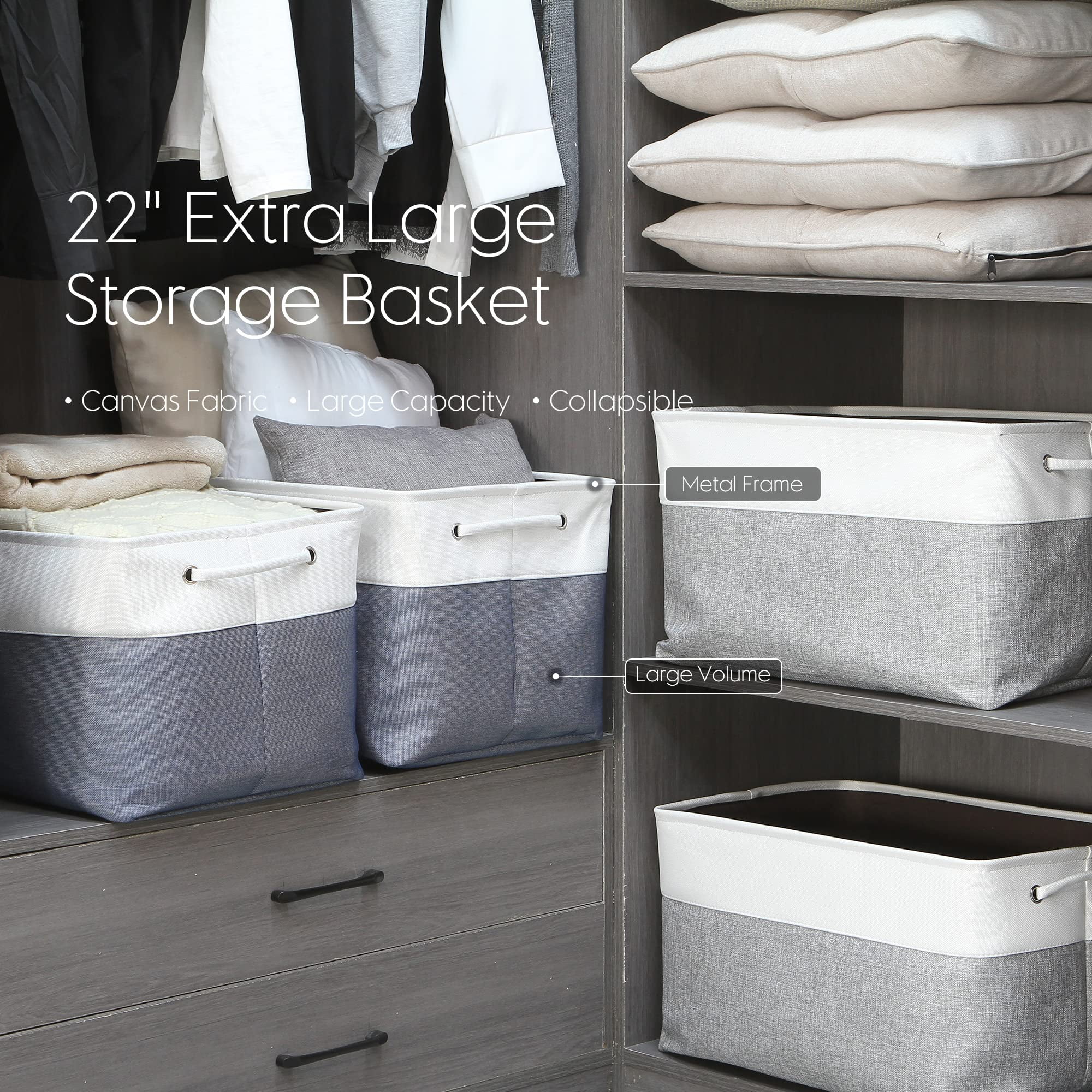 Sea Team 3-Pack Extra Large Storage Basket Set, Trunk Organizer, Clothes Toys Bin, 22 x 15 x 13 Inches, Rectangular Canvas Fabric Collapsible Shelf Box with Handles, Denim & White
