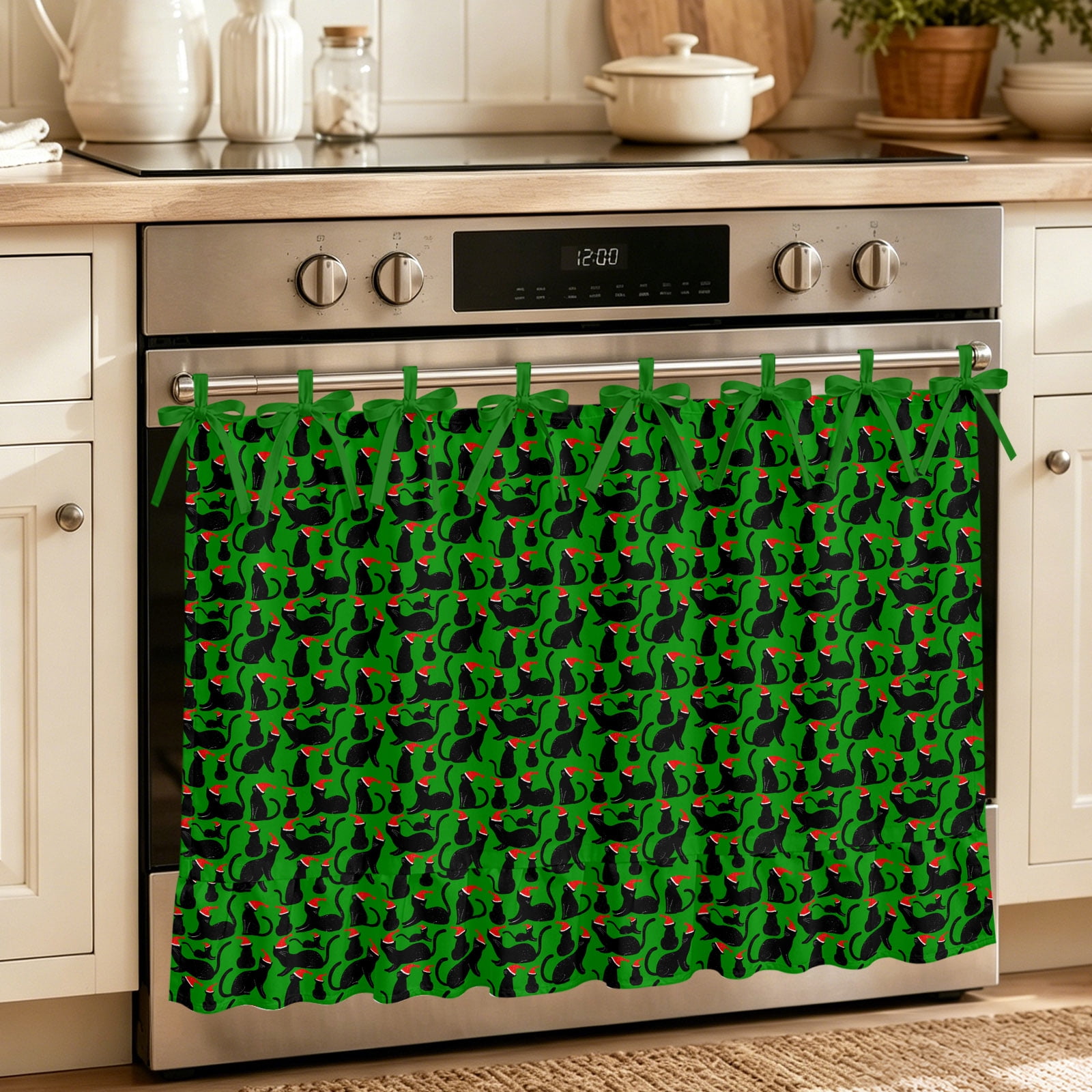 Oven Curtain for Kitchen Christmas Black Cat Red Santa Hat Stove Curtain With Ruffled Trim Dishwasher Curtains Green Background Oven Skirt 30 x21.5