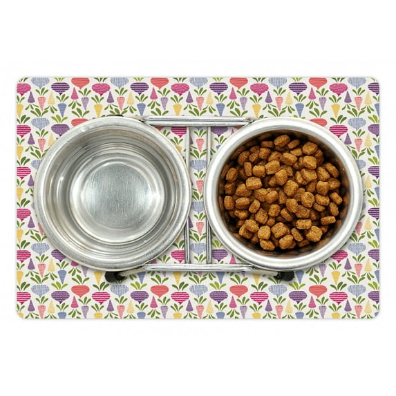 Vegetables Pet Mat for Food and Water, Colorful Pattern with Abstract Design Beetroots and Carrots Repetition, Non-Slip Rubber Mat for Dogs and Cats, 18" X 12", by Ambesonne