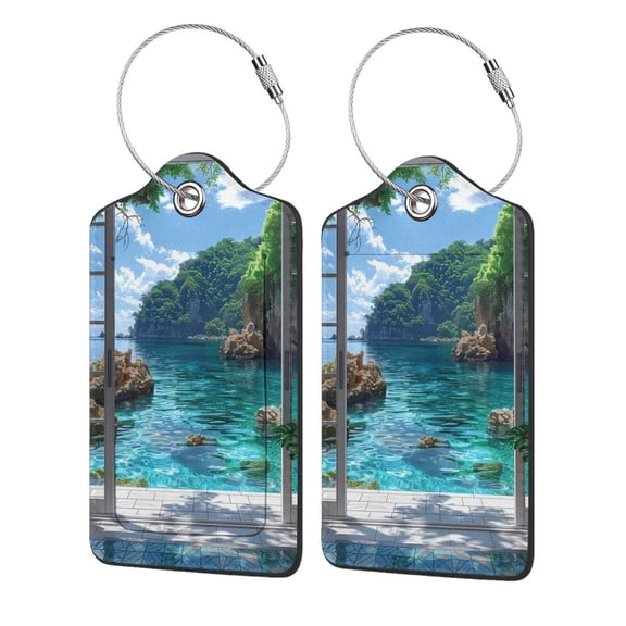 Naloa Tropical Paradise Window View Luggage Tag for Suitcase Leather Baggage Tag with Stainless Steel Loop Privacy Cover for Women Men Girls-4 PCS