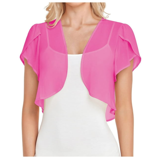 Women Fashion Solid Short Sleeve Cropped Open Front Chiffon Cardigan plus Size Cardigans for Women 4x-5x plus Size Women Sweaters Knee Length Cardigan Long Summer Cardigan Sweaters for Women plus Size