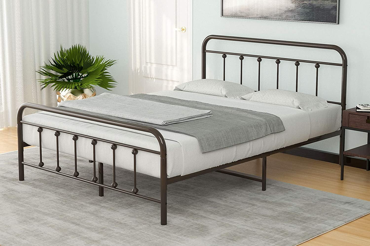 mecor Metal Queen Bed Frame with Vintage Headboard Footboard / Mattress