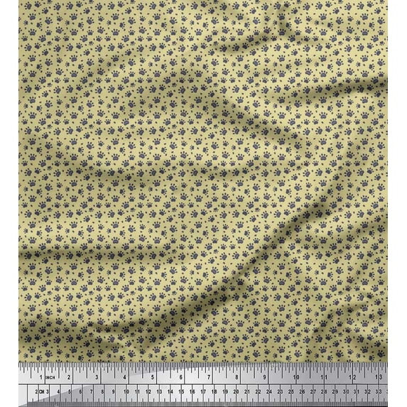 Soimoi Beige Moss Georgette Fabric Dogs & Paw Dog Print Fabric by the Yard 44 Inch Wide