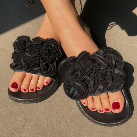 

SUODUI Women s Slippers Women Slippers Summer New Pattern Flower Fashion Indoor And Outdoor Slippers Flat Bottom Comfortable Non Slip Large Size Shoes Black 7