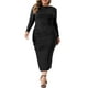 thumbnail image 2 of Agnes Orinda Women's Plus Size Long Sleeve Crew Neck Side Slit Ruched Bodycon Midi Dresses Black 1X, 2 of 6