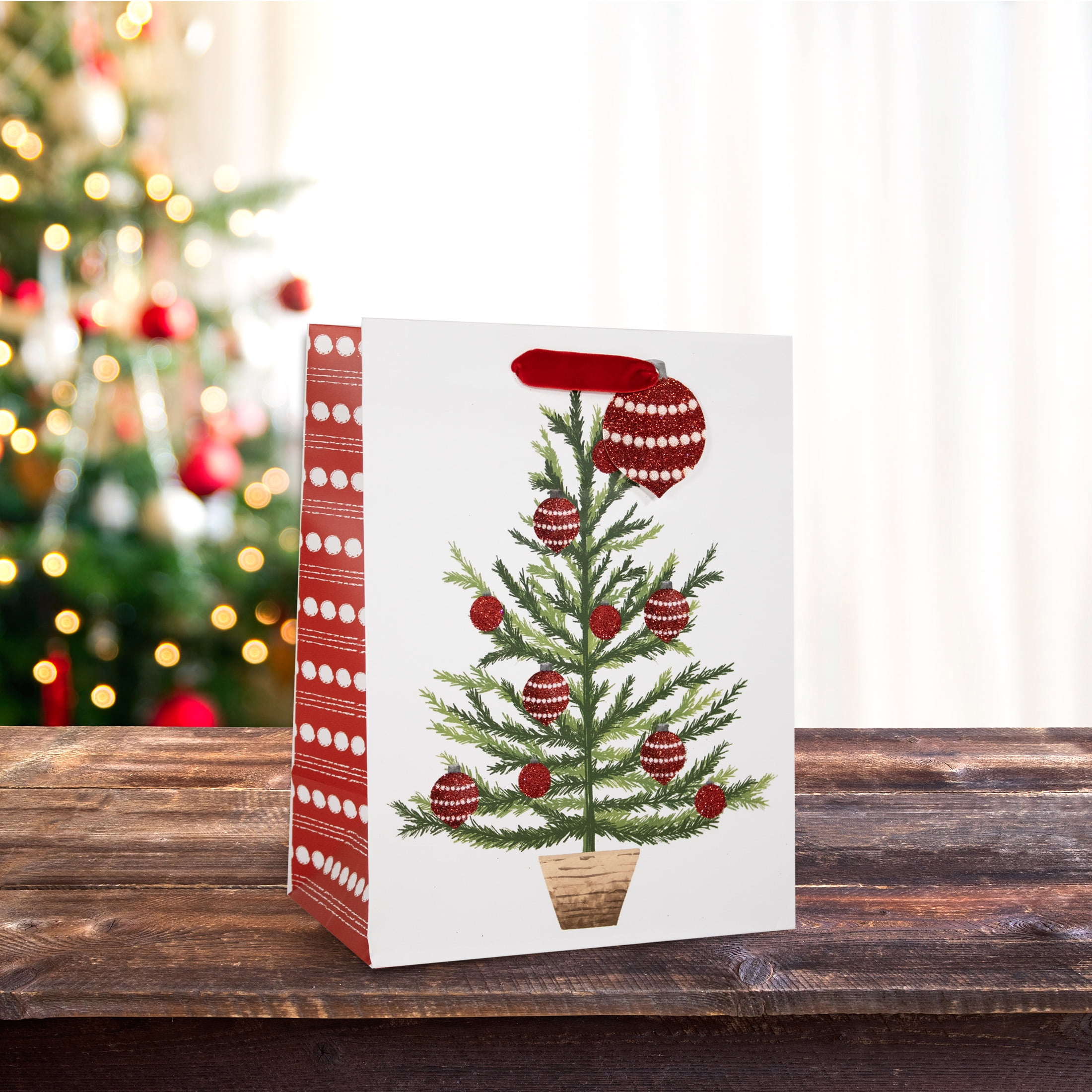 Holiday Time White Glitter Tree Small Christmas Paper Gift Bag