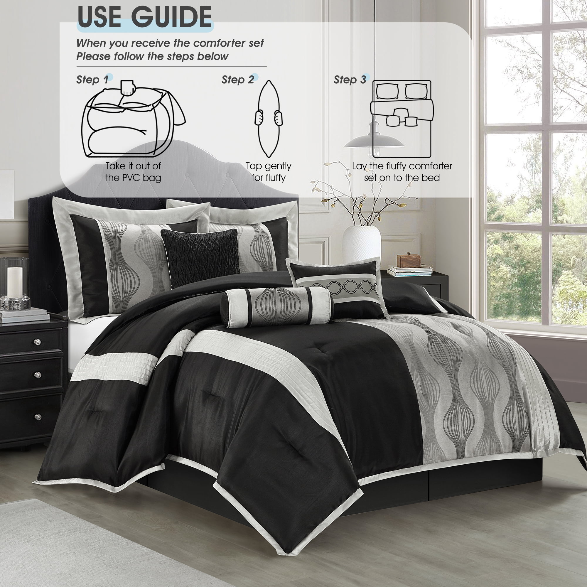 Lanco Black and Silver Comforter Set Queen Size, 7 Pieces Bedding & Collection, Jacquard All Season Comforter & Pillows, Ultra-Soft Microfiber
