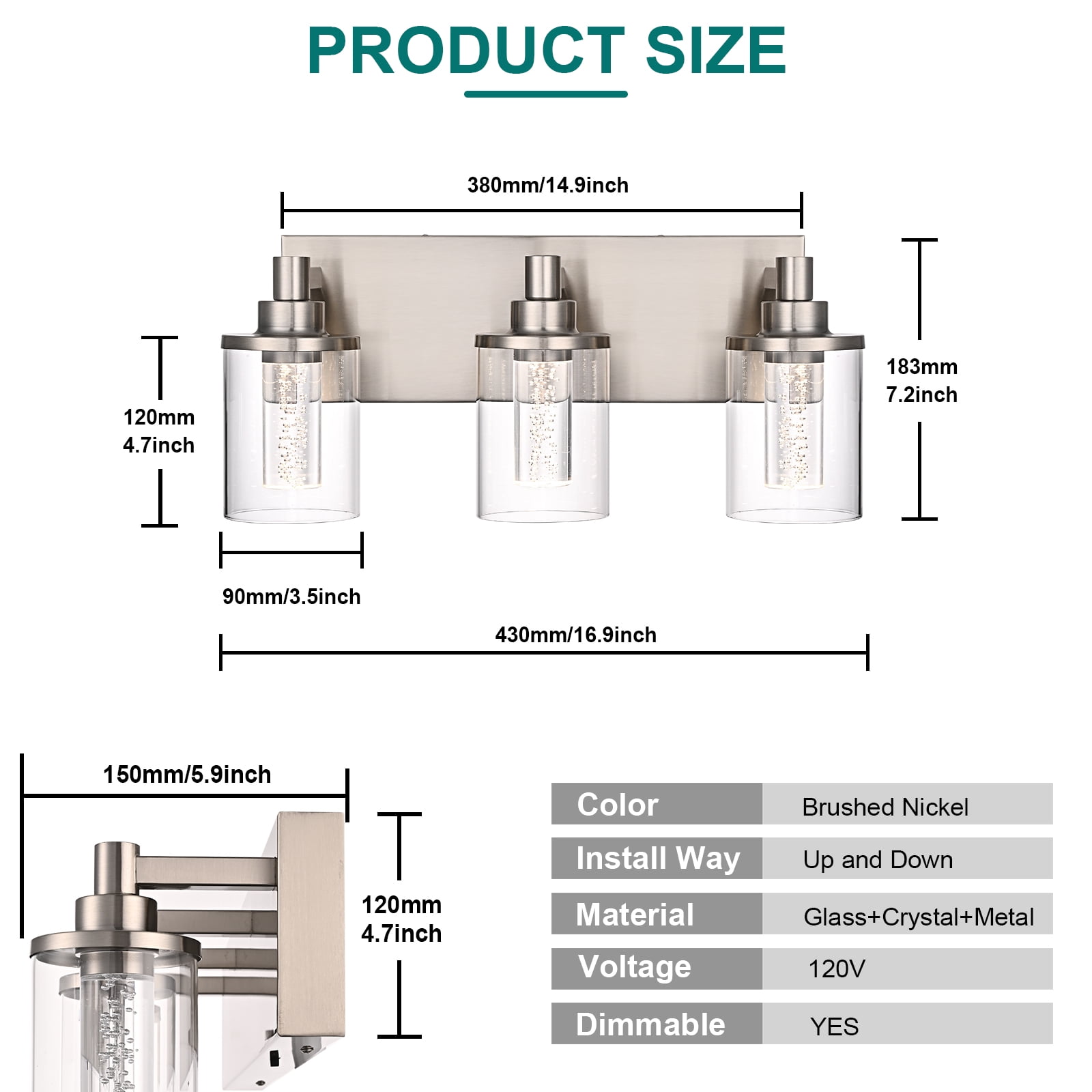 Melucee 5CCT Dimmable LED Brushed Nickel Vanity Lights 3-light, Modern Vanity Lighting Fixtures with Crystal Light Columns and Clear Glass for Bathroom Bedroom
