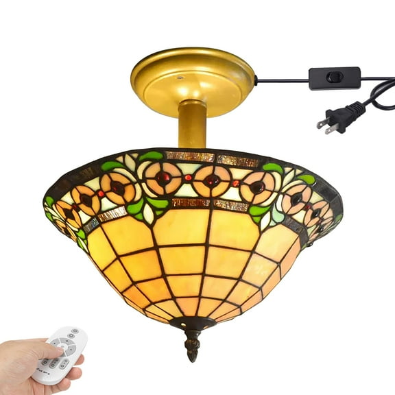 Kiven 13.8in Plug-in Flush Mount Ceiling Light Fixture, 3-Light Anti Glare Close to Ceiling Light with 15FT Cord, Tiffany-Style Glass Chandelier Dimmable for Bedroom Kitchen Hallway(No.3204)