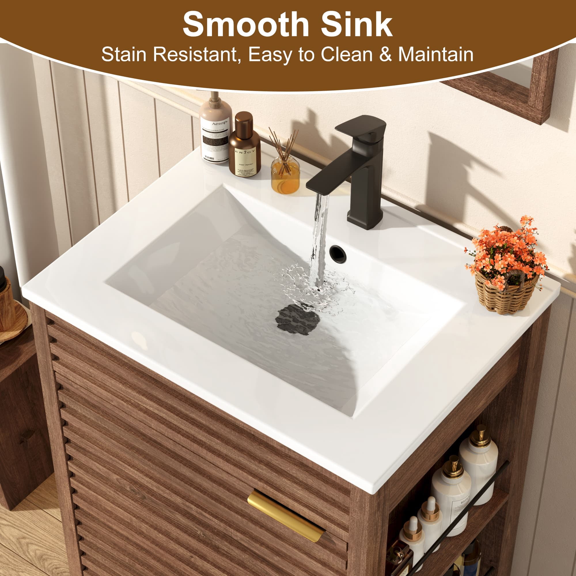 24" Bathroom Vanity Combo with Ceramic Sink & Faucet, Modern Light Oak Single Vanity Set with Fluted Door, Over-the-Door Storage Bthroom Cabinet with 2-Tier Side Shelves for Small Space