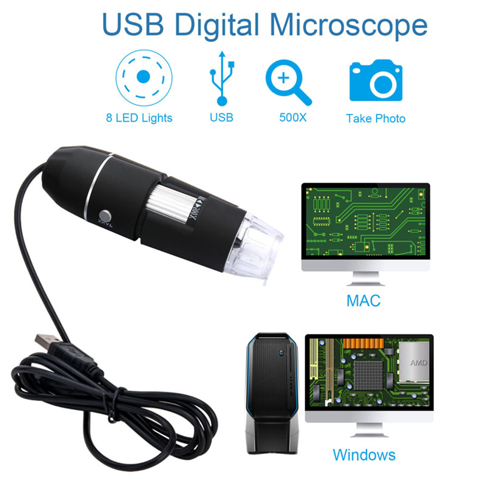 KKSQ 500X 8LED USB Digital Microscope Endoscope Camera Magnifier Zoom