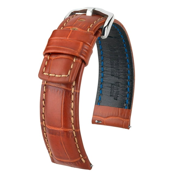 Hirsch Grand Duke Leather Watch Strap - Golden Brown - L - 22mm / 20mm - Shiny Silver Buckle - Water Resistant Embossed Calf Leather Band